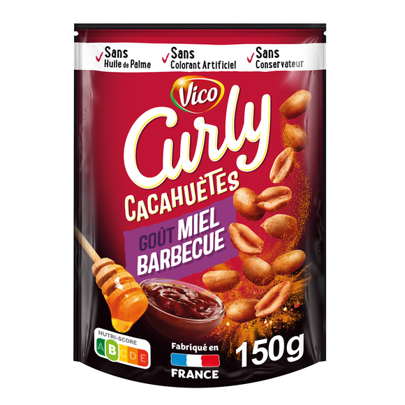 Biscuits apéritifs CURLY cacahuètes goût miel barbecue Vico, sachet 150g