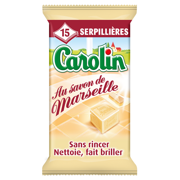 Lingettes pour sols au savon de Marseille CAROLIN - 15 unités