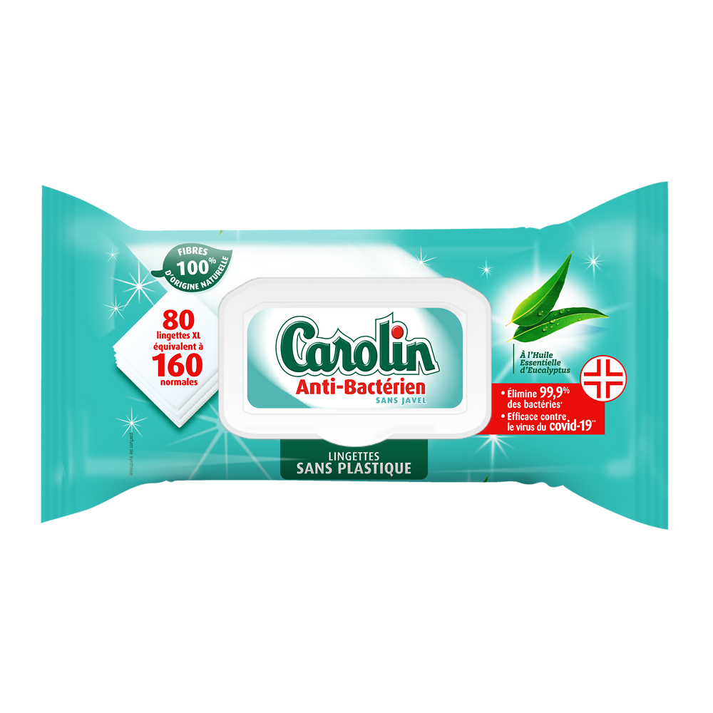 Lingettes anti-bactérien eucalyptus CAROLIN - 80 unités