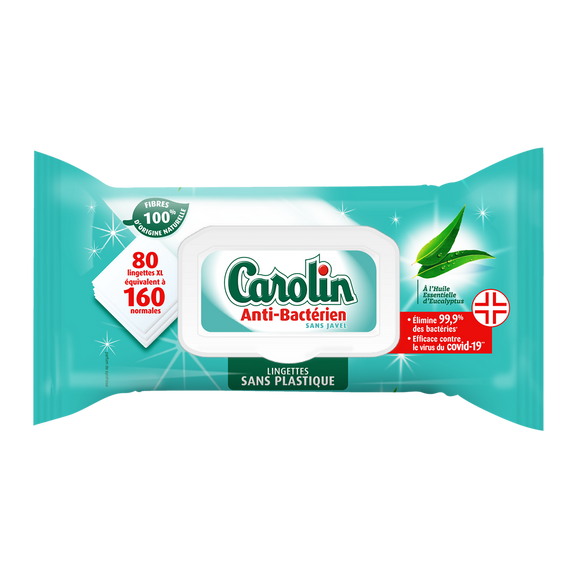 Lingettes anti-bactérien eucalyptus CAROLIN - 80 unités