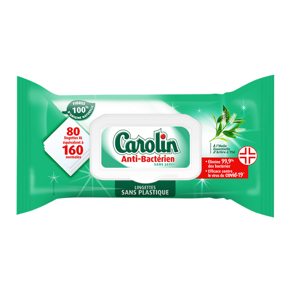 Lingettes anti-bactérien huile essentielle arbre à thé CAROLIN - 80 unités
