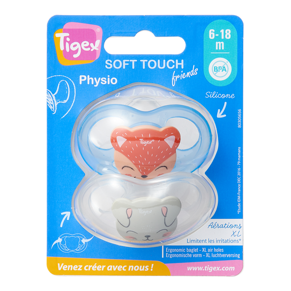 Sucette x2 silicone bout physio "soft touch" 6/18 mois TIGEX