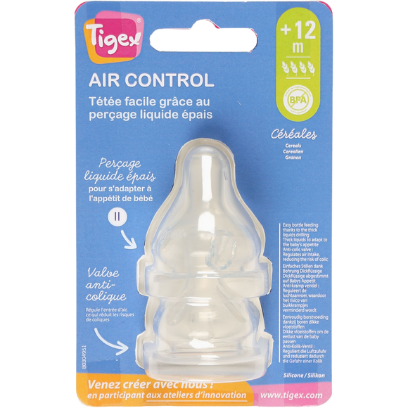 Tétine x2 silicone bout rond air control + 12 mois céréales TIGEX