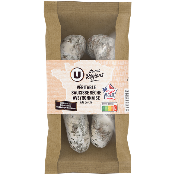 U DE NOS REGIONS Véritable Saucisse sèche Aveyronnaise à la perche - 320g