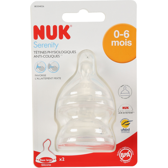Tetine x2 silicone col large serenity plus 0/6 mois lait NUK