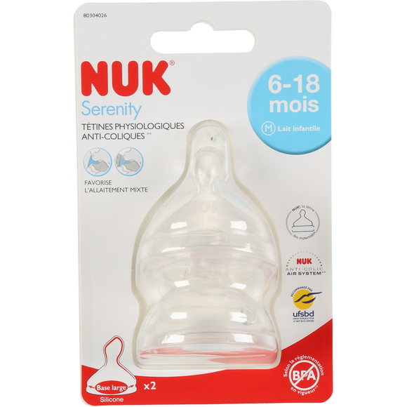 Tétine x2 silicone col large serenity plus 6/18 mois lait NUK