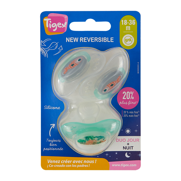Sucette x3 silicone réversible jour/nuit 18/36 mois TIGEX
