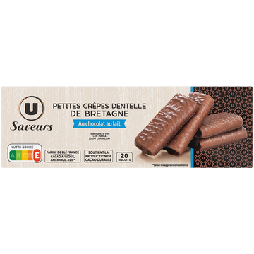 U SAVEURS Crêpes dentelle de Bretagne enrobées chocolait lait  paquetde 100g