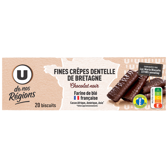 U DE NOS REGIONS Crêpes dentelles de Bretagne enrobées de chocolat noir 100g