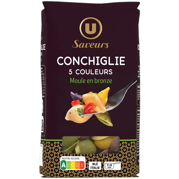U SAVEURS Pâtes Conchiglie 5 couleurs  sachet de 500g