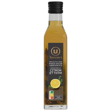 U SAVEURS Spécialité à base d'huile d'olive vierge extra 97,7% aromatisée au Citron et au Thym Bouteille 25cL
