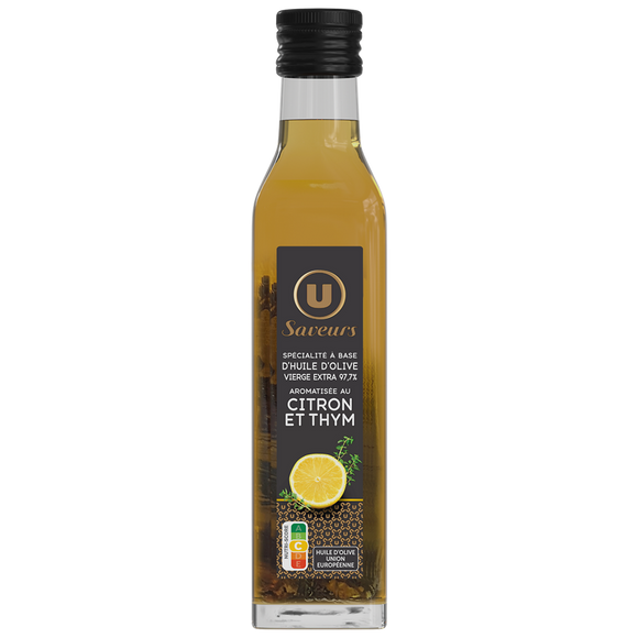 U SAVEURS Spécialité à base d'huile d'olive vierge extra 97,7% aromatisée au Citron et au Thym Bouteille 25cL