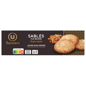 U SAVEURS Biscuits Sablés saveur rhum raisins paquet de 120g