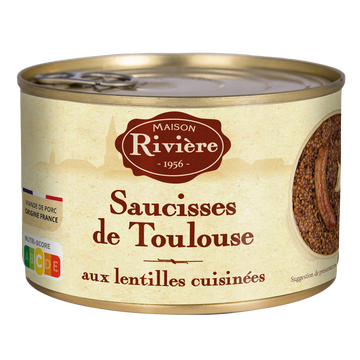 Saucisses de Toulouse aux lentilles cuisi.MAISON RIVIERE bte 1/2 420g