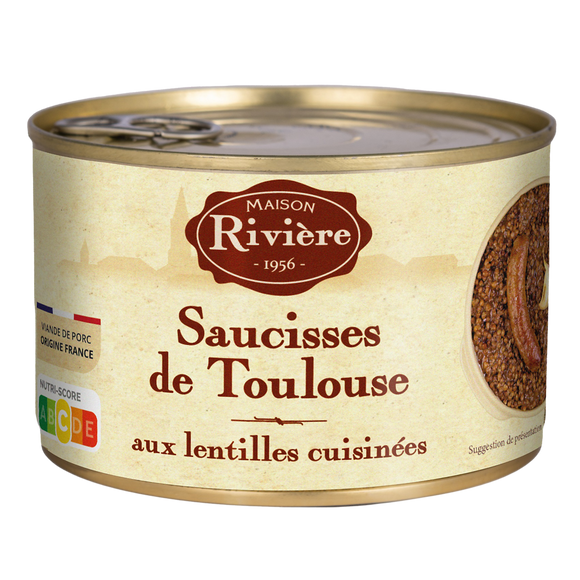 Saucisses de Toulouse aux lentilles cuisi.MAISON RIVIERE bte 1/2 420g