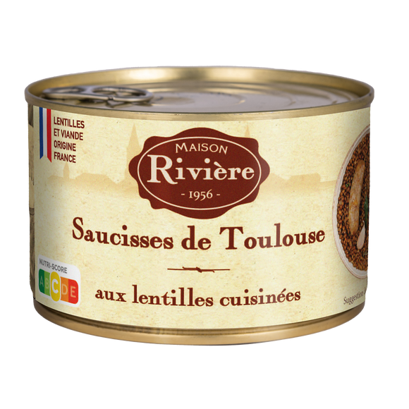 Plat cuisiné Saucisses de Toulouse aux lentilles cuisnées MAISON RIVIERE - Boite 1/2 - 420g