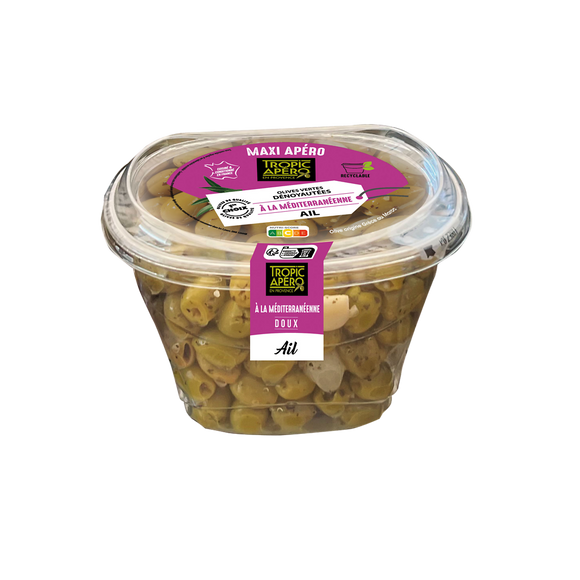 Olive verte dénoyautée à la Méditerranéenne à l'ail, barquette, 450g