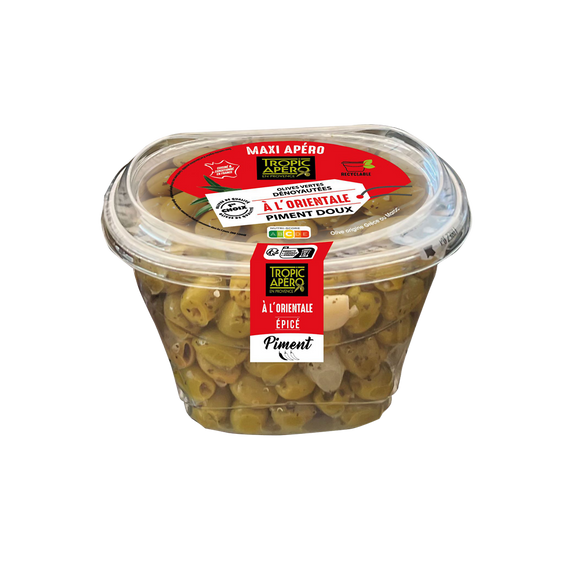 Olives vertes dénoyautées à l'orientale, TROPIC APERO, barquette 400g
