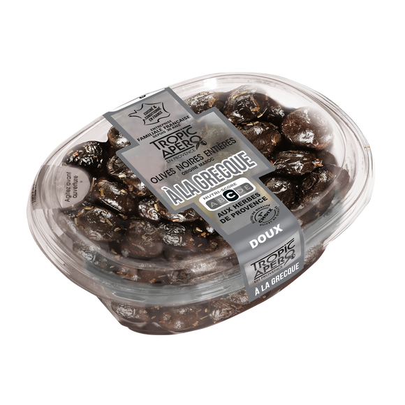 Olive noire entière à la grecque aux herbes de Provence, TROPIC APERO,barquette 250g