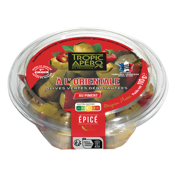 Olive verte dénoyautée à l'Orientale au piment, TROPIC APERO, barquette 110g