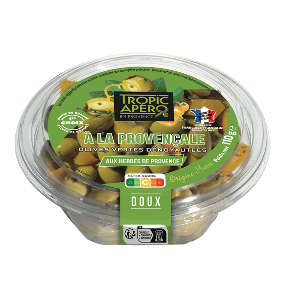 Olive verte dénoyautée provencale aux herbes de Provence, TROPIC APERO, barquette 110g