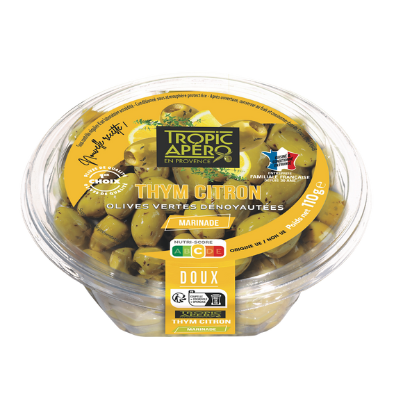 Olives vertes dénoyautées thym citron, TROPIC APERO, barquette 110g