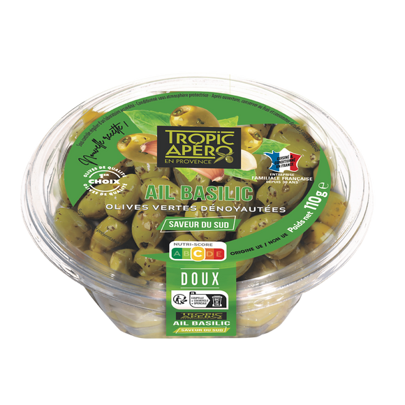 Olives vertes dénoyautées ail basilic, TROPIC APERO, barquette 110g