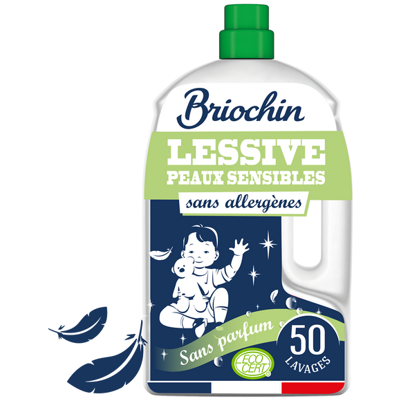 BRIOCHIN - Lessive liquide - Hypoallergénique,Pour bébé - Sans parfum- 50 lavages - 2.27 l