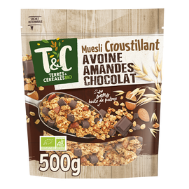 Muesli croustillant avoine amande chocolat bio TERRES ET CEREALES, 500g