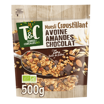 Muesli croustillant avoine amande chocolat bio TERRES ET CEREALES, 500g