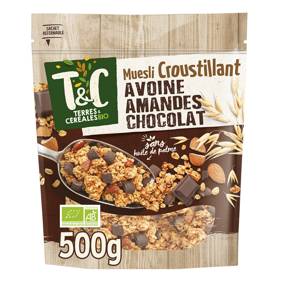 Muesli croustillant avoine amande chocolat bio TERRES ET CEREALES, 500g