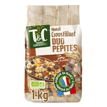 Muesli croustillant duo pépites chocolat au lait et noir bio, TERRES&CEREALES, sachet 1kg