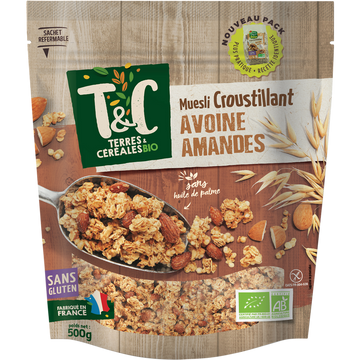 Muesli bio croustillant avoine amandes sans gluten, TERRES ET CEREALES, 500g