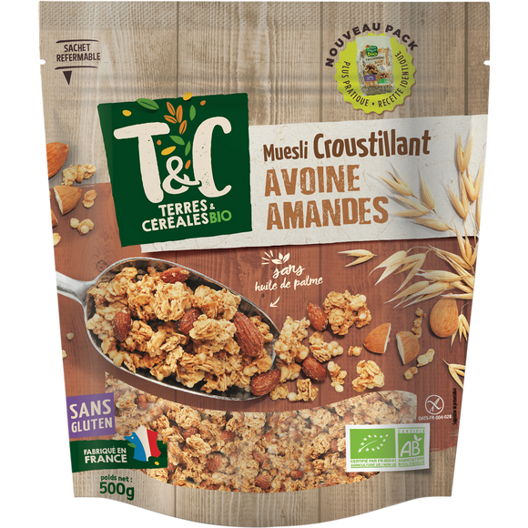 Muesli bio croustillant avoine amandes sans gluten, TERRES ET CEREALES, 500g