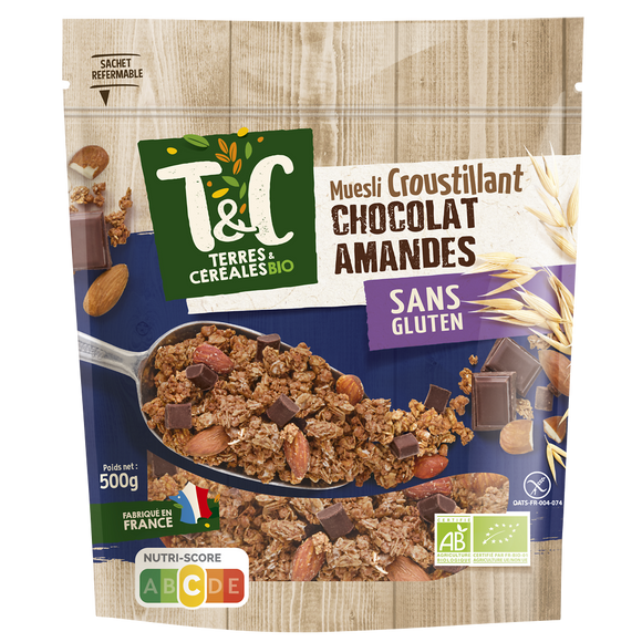 Müesli croustillant chocolat amandes sans gluten bio TERRES & CEREALES500g