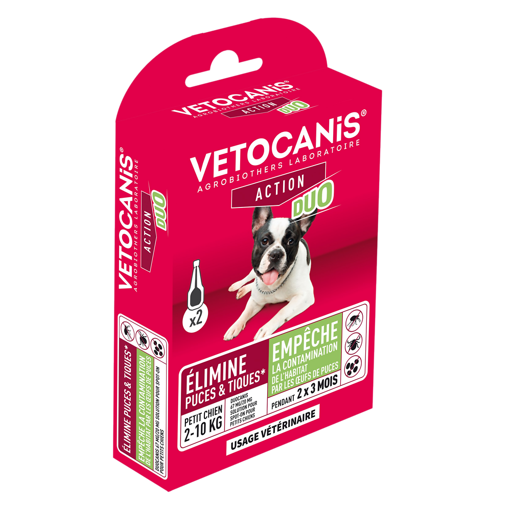 Duo 67mg/20mg solution pour spot on pour petit chien VETOCANIS, 2 pipettes de 0.67ml
