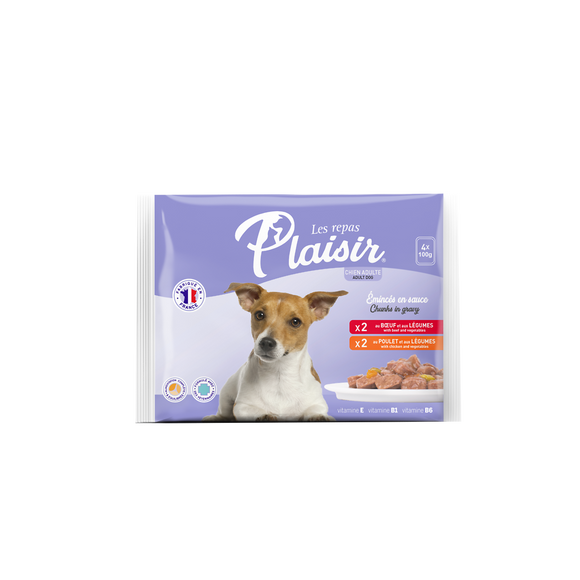 Emincés pour Chien Adulte 2 recettes en sauce LES REPAS PLAISIR sachetde pochons 4x100g
