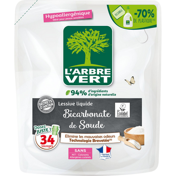L'ARBRE VERT - Lessive liquide - Hypoallergénique - Bicarbonate de soude - 34 lavages - RECHARGE - 1.53 l