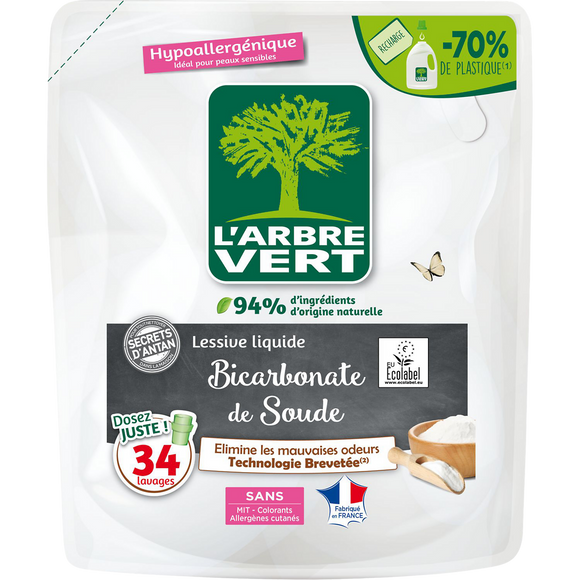 L'ARBRE VERT - Lessive liquide - Hypoallergénique - Bicarbonate de soude - 34 lavages - RECHARGE - 1.53 l