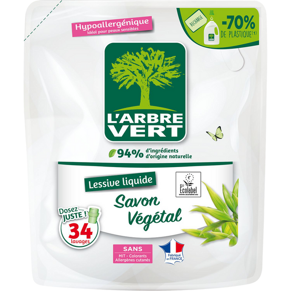 L'ARBRE VERT - Lessive liquide - Hypoallergénique - Savon végétal - 34lavages - RECHARGE - 1.53 l