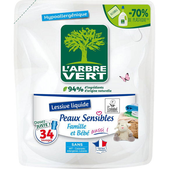 L'ARBRE VERT - Lessive liquide - Pour bébé,Hypoallergénique - Non définie - Non définie - 34 lavages - RECHARGE - 1.53 l