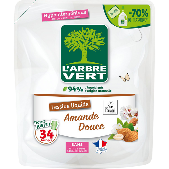 L'ARBRE VERT - Lessive liquide - Hypoallergénique - Amande douce - 34lavages - RECHARGE - 1.53 l