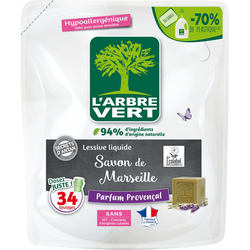 Lessive liquide secrets d'antan savon de marseille parfum provencalARBRE VERT x34lav.1,53l recharge 94% d'ingrédients d'origine naturelle