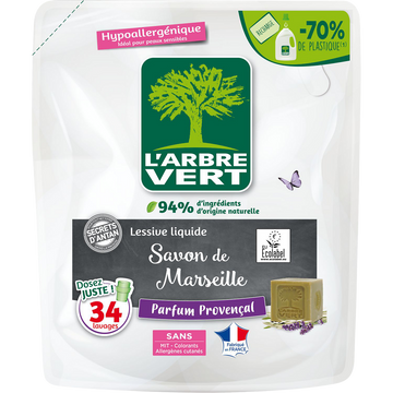 L'ARBRE VERT - Lessive liquide - Hypoallergénique - Parfum Provençal -34 lavages - RECHARGE - 1.53 l