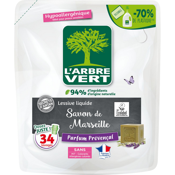 L'ARBRE VERT - Lessive liquide - Hypoallergénique - Parfum Provençal -34 lavages - RECHARGE - 1.53 l