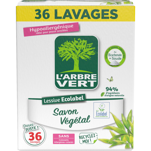 L'ARBRE VERT - Lessive en poudre - Hypoallergénique - 36 lavages - 1.8kg