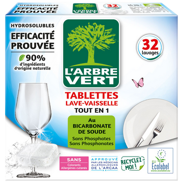 Tablette lave vsl tout-en-1 écolabel L'ARBRE VERT x32doses90% d'ingrédients d'origine naturelle