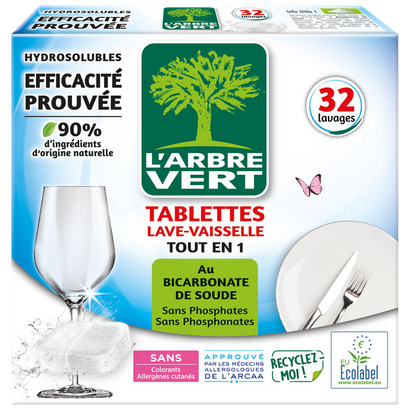 Tablette lave vsl tout-en-1 écolabel L'ARBRE VERT x32doses90% d'ingrédients d'origine naturelle