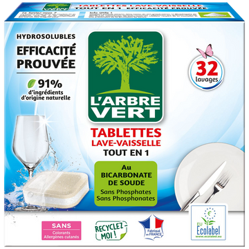 Tablette lave vsl tout-en-1 écolabel L'ARBRE VERT x32doses90% d'ingrédients d'origine naturelle
