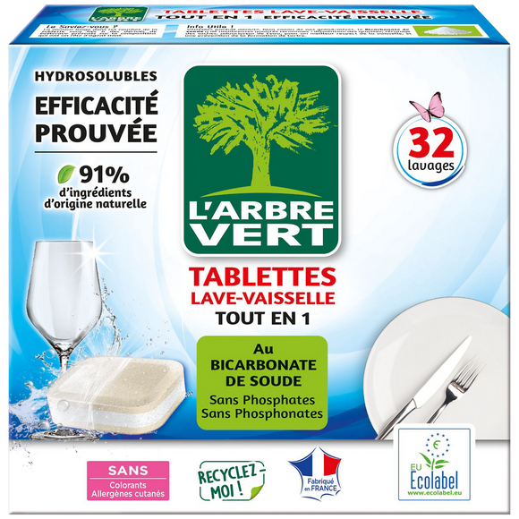 Tablette lave vsl tout-en-1 écolabel L'ARBRE VERT x32doses90% d'ingrédients d'origine naturelle